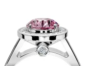 Halo Engagement Ring Setting for Fancy Pink Round Cut Center with Outer Bezel Rim, Pave Band and Prong Head in White Gold