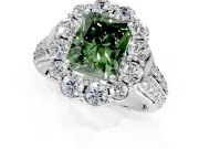 Large Accent Halo Engagement Ring Setting for Fancy Green Radiant Cut Center with Pave Split Shank and Prong Head in White Gold
