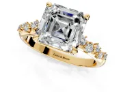 Solitaire Engagement Ring Setting for Asscher Cut Center with Trailing Leaf Accent Band and Prong Head in Yellow Gold