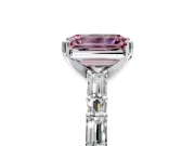Baguette Engagement Ring Setting for Fancy Pink Emerald Cut Center with Alternating Bar-Set Band and Prong Head in Platinum