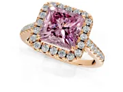 Halo Engagement Ring Setting for Fancy Pink Princess Cut Center with Narrowing Pave Band and Prong Head in Rose Gold