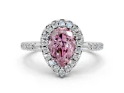 Pave Halo Engagement Ring Setting for Fancy Pink Pear-Shaped Center with Single Row Pave Band and Prong Head in Platinum