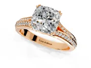 Solitaire Engagement Ring Setting for Cushion Cut Center with Pave Rail Split Shank and Prong Head in Rose Gold