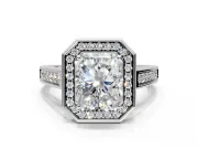 Halo Engagement Ring Setting for Emerald Cut Center with Outer Bezel Rim, Pave Band and Prong Head in Platinum