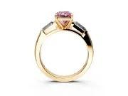 3 Stone Engagement Ring Setting for Fancy Pink Radiant Cut Center with Tapered Baguettes, Plain Band and Prong Head in Yellow Gold