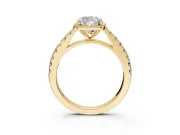 Halo Engagement Ring Setting for Cushion Cut Center with Full Pave Band and Prong Head in Yellow Gold