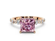 Solitaire Engagement Ring Setting for Fancy Pink Princess Cut Center with Alternating Size Accents and Prong Head in Rose Gold