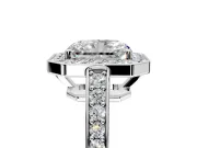 Bezel-Framed Halo Engagement Ring Setting for Radiant Cut Center with Pave Band and Prong Head in Platinum