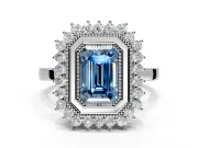 Halo Engagement Ring Setting for Fancy Blue Emerald Cut Center with Milgrain Bezel Rim, Plain Band and Prong Head in White Gold