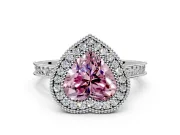 Halo Engagement Ring Setting for Fancy Pink Heart-Shaped Center with Milgrain Pave Band and Bezel Head in White Gold