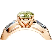 3 Stone Engagement Ring Setting for Fancy Yellow Oval Center with Tapered Baguettes, Plain Band and Prong Head in Rose Gold