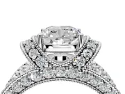 Pave Engagement Ring Setting for Cushion Cut Center with Curved Accent Rows, Openwork and Prong Head in White Gold