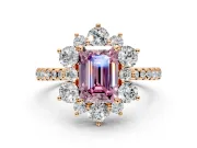 Floral Halo Engagement Ring Setting for Fancy Pink Emerald Cut Center with Pave Accents and Prong Head in Rose Gold