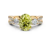 3 Stone Engagement Ring Setting for Fancy Yellow Oval Center with Pave Split Shank and Prong Head in Yellow Gold