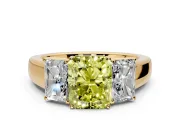 3 Stone Engagement Ring Setting for Fancy Yellow Radiant Cut Center with Raised Basket Heads and Prong Head in Yellow Gold