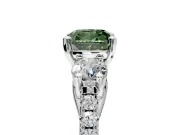3 Stone Engagement Ring Setting for Fancy Green Cushion Cut Center with Crossover Basket, Pave Band and Prong Head in White Gold