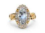 Halo Engagement Ring Setting for Marquise Center with Open Scroll Shoulders and Prong Head in Yellow Gold