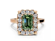 Single Halo Engagement Ring Setting for Fancy Green Emerald Cut Center with Corner Claws, Plain Band and Prong Head in Rose Gold
