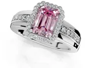 Halo Engagement Ring Setting for Fancy Pink Emerald Cut Center with Wide Band, Inlaid Accent Row and Prong Head in Platinum