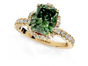 Halo Engagement Ring Setting for Fancy Green Radiant Cut Center with Openwork Halo, Pave Band and Prong Head in Yellow Gold