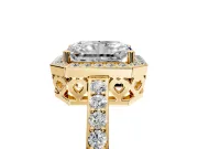 Halo Engagement Ring Setting for Radiant Cut Center with Heart-Shaped Openwork, Pave Band and Prong Head in Yellow Gold