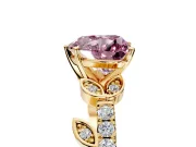 Leaf Motif Engagement Ring Setting for Fancy Pink Heart-Shaped Center with Pave Band and Prong Head in Yellow Gold