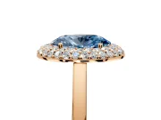 Halo Engagement Ring Setting for Fancy Blue Oval Center with Plain Tapered Band and Prong Head in Rose Gold
