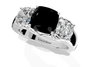 3 Stone Engagement Ring Setting for Fancy Black Cushion Cut Center with Raised Basket Heads and Prong Head in White Gold