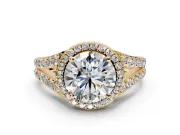 Halo Engagement Ring Setting for Round Cut Center with Narrow Pave Split Shank and Prong Head in Yellow Gold