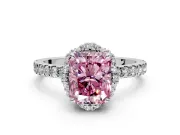 Halo Engagement Ring Setting for Fancy Pink Radiant Cut Center with Openwork Halo, Pave Band and Prong Head in Platinum