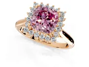 Starburst Halo Engagement Ring Setting for Fancy Pink Cushion Cut Center with Thin Round-Wire Band and Prong Head in Rose Gold