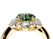 Small-Accent Cluster Halo Engagement Ring Setting for Fancy Green Round Cut Center with Plain Band and Prong Head in Yellow Gold