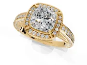 Halo Engagement Ring Setting for Cushion Cut Center with Framed Halo, Pave Band and Prong Head in Yellow Gold