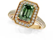 Milgrain Halo Engagement Ring Setting for Fancy Green Emerald Cut Center with Three-Sided Pave Band and Prong Head in Yellow Gold