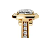 Halo Engagement Ring Setting for Radiant Cut Center with Outer Bezel Rim, Pave Band and Prong Head in Yellow Gold