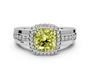 Halo Engagement Ring Setting for Fancy Yellow Cushion Cut Center with Wide Band, Inlaid Accent Row and Prong Head in Sterling Silver