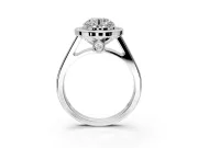 Halo Engagement Ring Setting for Round Cut Center with Outer Bezel Rim, Pave Band and Prong Head in Platinum