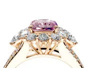 Halo Engagement Ring Setting for Fancy Pink Radiant Cut Center with Two-Strand Split Shank and Prong Head in Rose Gold