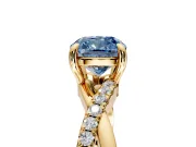 Solitaire Engagement Ring Setting for Fancy Blue Cushion Cut Center with Half-Pave Crossover Band and Prong Head in Yellow Gold