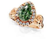 Halo Engagement Ring Setting for Fancy Green Pear-Shaped Center with Open Scroll Shoulders and Prong Head in Rose Gold