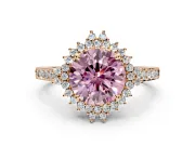 Sunburst Halo Engagement Ring Setting for Fancy Pink Round Cut Center with Pave Band and Prong Head in Rose Gold