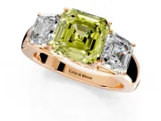 3 Stone Engagement Ring Setting for Fancy Yellow Asscher Cut Center with Raised Basket Heads and Prong Head in Rose Gold