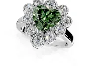 Cluster Halo Engagement Ring Setting for Fancy Green Heart-Shaped Center with Milgrain Bezel Accents and Prong Head in Sterling Silver