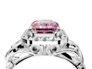 Halo Engagement Ring Setting for Fancy Pink Radiant Cut Center with Open Scroll Shoulders and Prong Head in Sterling Silver