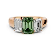3 Stone Engagement Ring Setting for Fancy Green Emerald Cut Center with Raised Basket Heads and Prong Head in Rose Gold