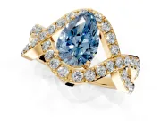 Halo Engagement Ring Setting for Fancy Blue Pear-Shaped Center with Pave Infinity Twist Band and Prong Head in Yellow Gold