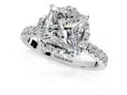 Halo Engagement Ring Setting for Princess Cut Center with Openwork Halo, Pave Band and Prong Head in Platinum