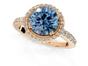 Halo Engagement Ring Setting for Fancy Blue Round Cut Center with Inner Milgrain Border and Prong Head in Rose Gold