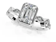 Vintage Station Engagement Ring Setting for Emerald Cut Center with Accents and Prong Head in Platinum
