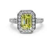Bezel-Framed Halo Engagement Ring Setting for Fancy Yellow Emerald Cut Center with Pave Band and Prong Head in Platinum